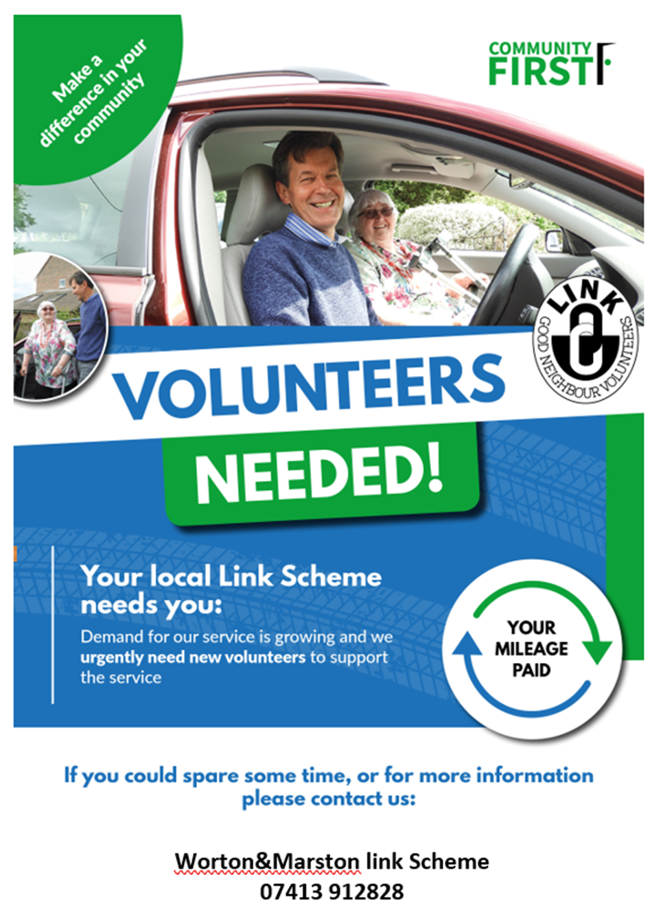 poster advertising for volunteers for Worton&Marston link Scheme                   07413 912828